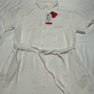 NWT Weatherproof Cream Womens Gauze Dress Button Down Short Sleeve Size Medium
